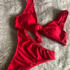 Tie front high waisted bottom red bikini